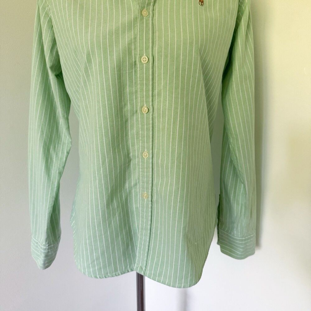 Womens Ralph Lauren Slim Fit Green Striped Flesh Pony Long Sleeve Shirt Size 12 - Picture 10 of 15
